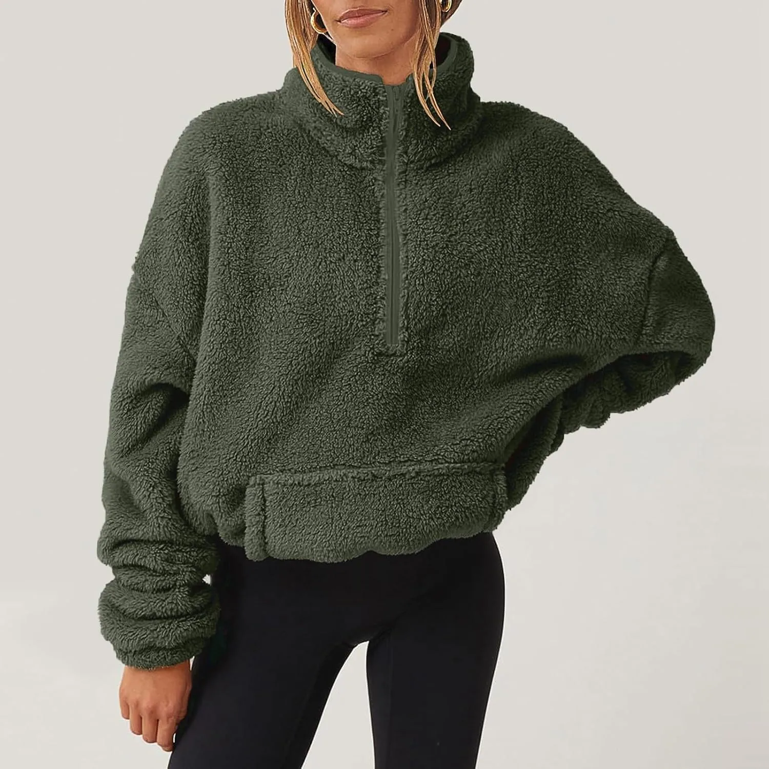 Womens Half Zip Sweatshirt Sherpa Hoodie Quarter Zip Pullover Fuzzy Sweater with Pocket Comfy Warm Winter Clothes