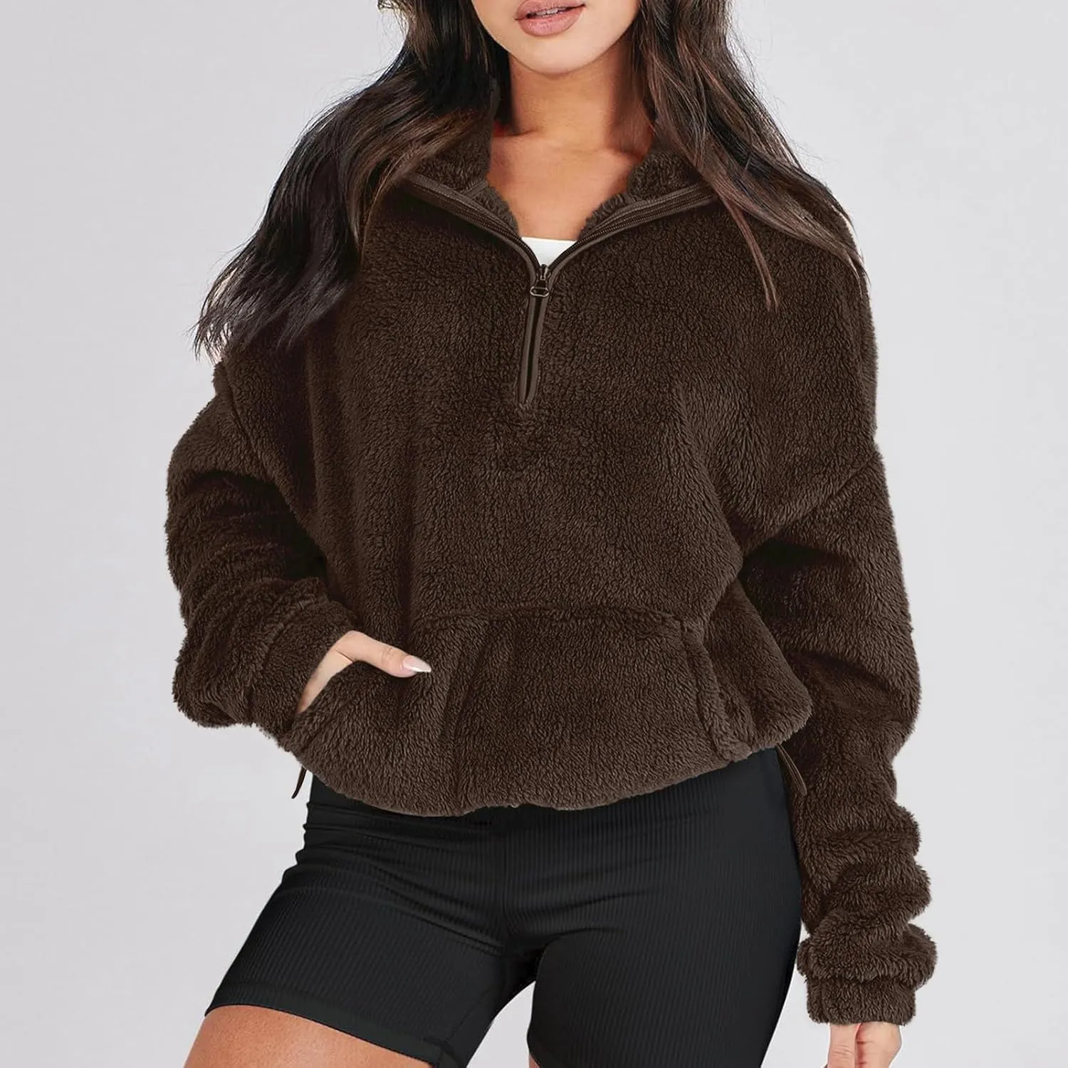 Womens Half Zip Sweatshirt Sherpa Hoodie Quarter Zip Pullover Fuzzy Sweater with Pocket Comfy Warm Winter Clothes