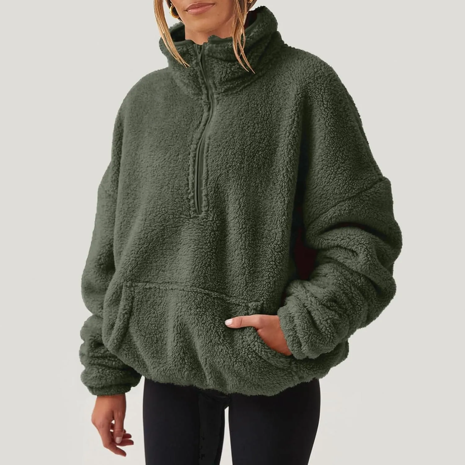 Womens Half Zip Sweatshirt Sherpa Hoodie Quarter Zip Pullover Fuzzy Sweater with Pocket Comfy Warm Winter Clothes