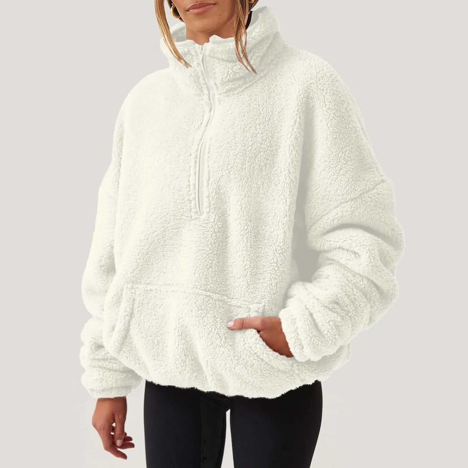 Womens Half Zip Sweatshirt Sherpa Hoodie Quarter Zip Pullover Fuzzy Sweater with Pocket Comfy Warm Winter Clothes