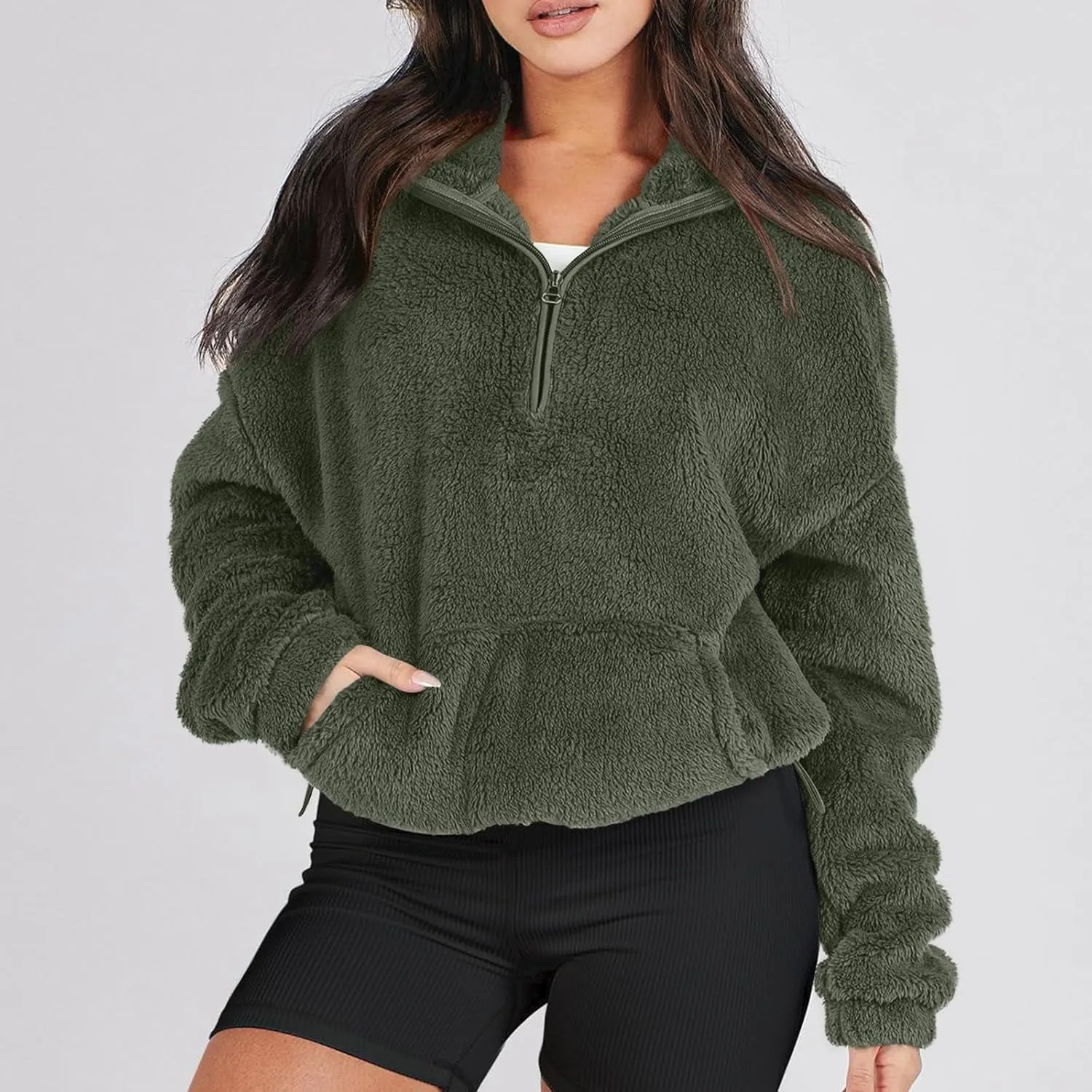 Womens Half Zip Sweatshirt Sherpa Hoodie Quarter Zip Pullover Fuzzy Sweater with Pocket Comfy Warm Winter Clothes