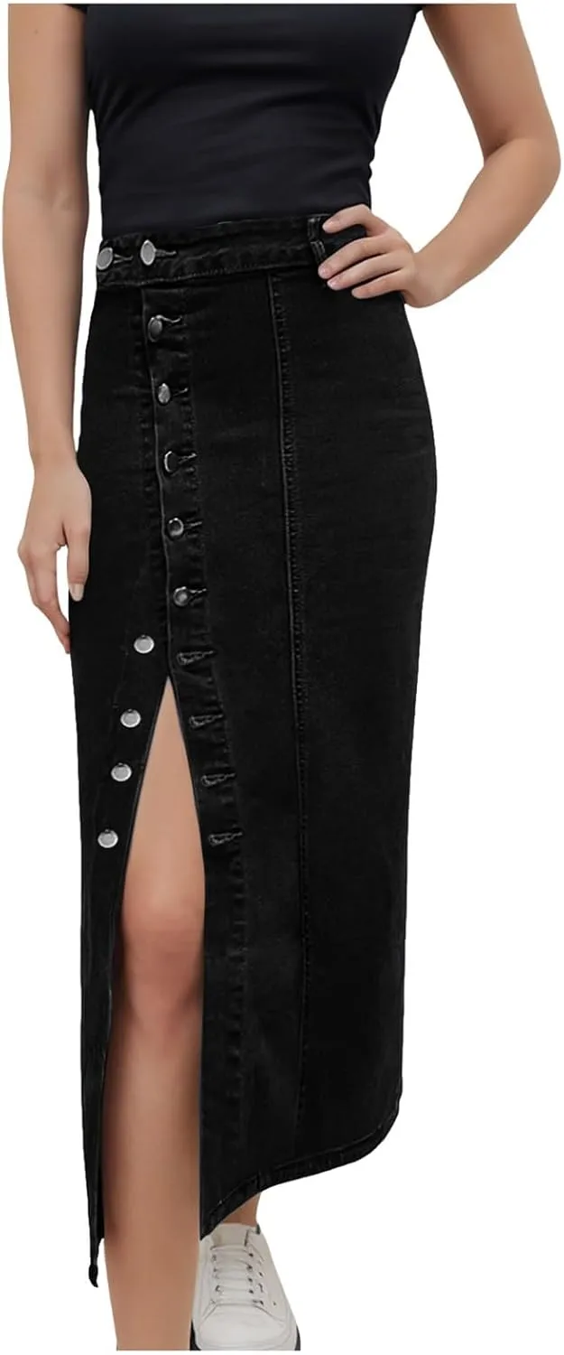Women's High Waisted Ripped Denim Skirts Frayed Raw Asymmetrical Midi Jean Skirt Vintage Slit Outfits