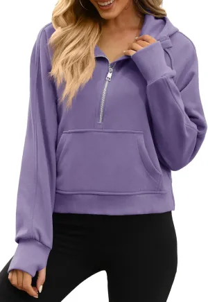Womens Hooded Pullover Sweatshirts Half Zipper Crop Hoodie Fleece Lined Collar Zip Up Hoodies Cropped Long Sleeve Tops
