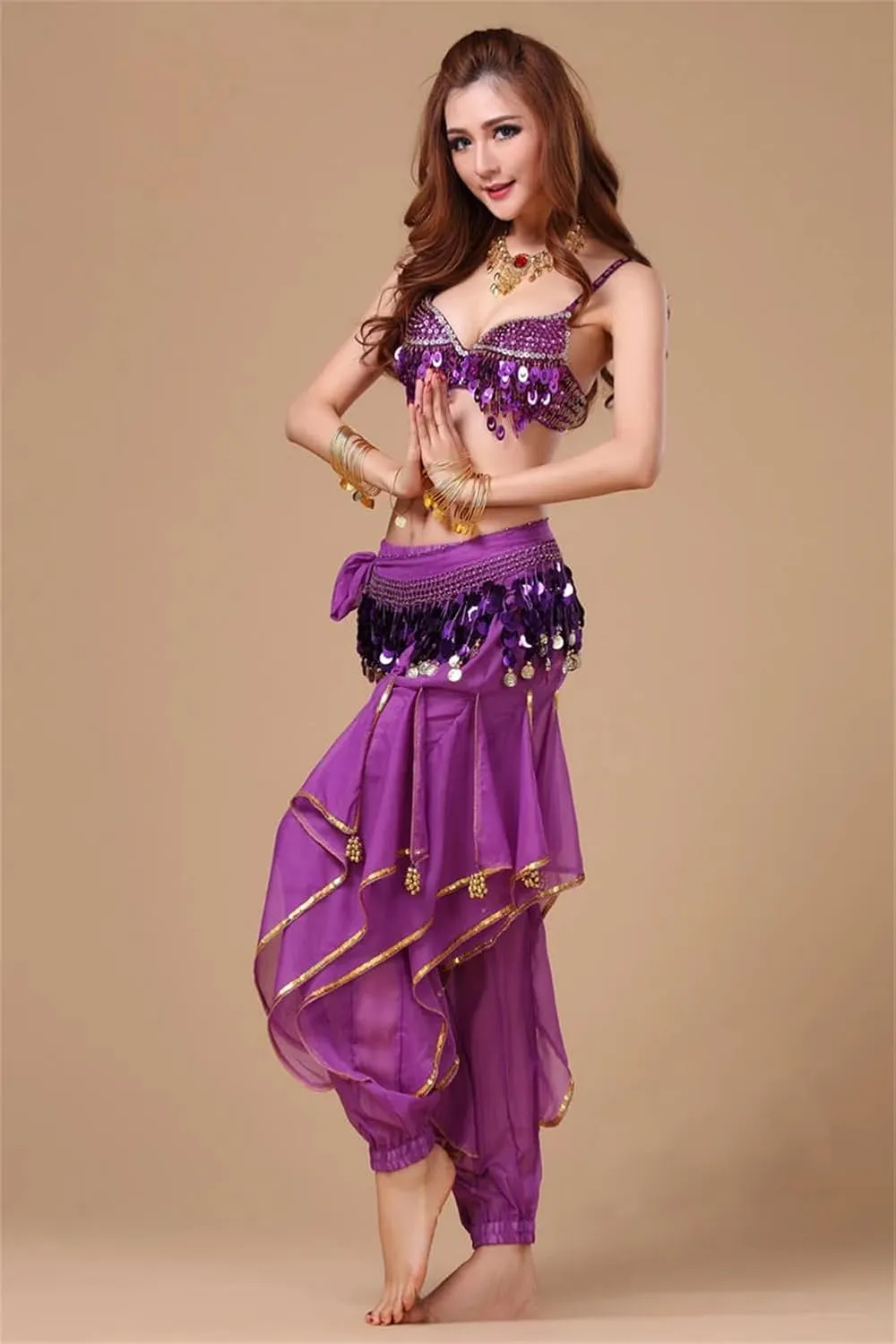 Womens Indian Dance Costume Sequin Tassel Fringed Crop Top Harem Pants Set Belly Dance Outfit