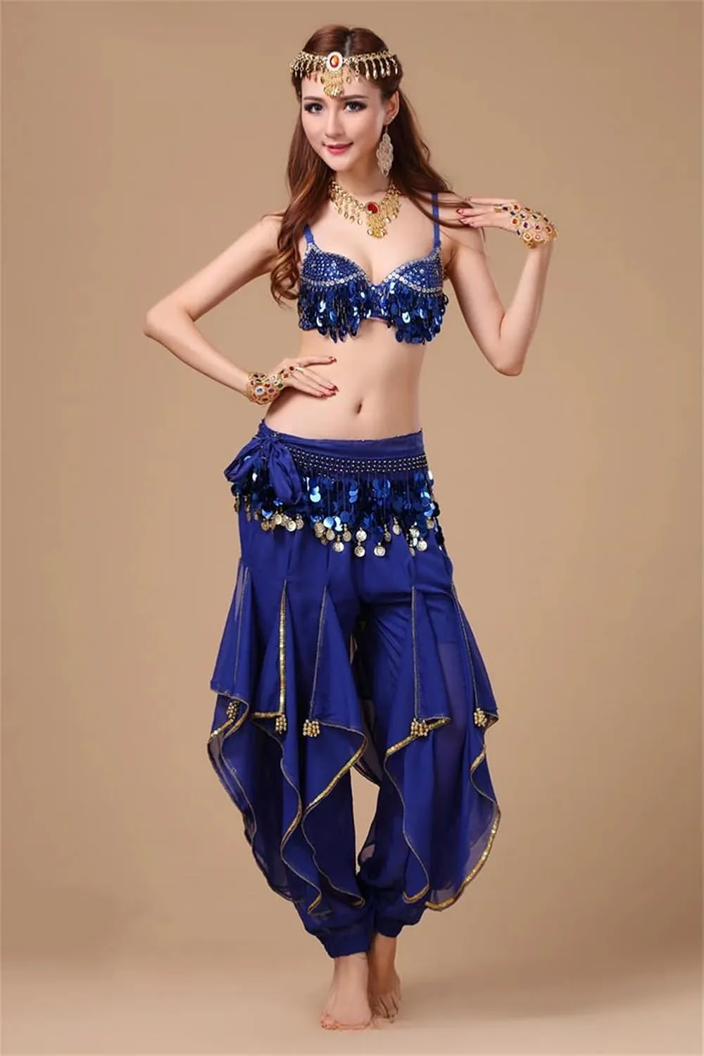 Womens Indian Dance Costume Sequin Tassel Fringed Crop Top Harem Pants Set Belly Dance Outfit