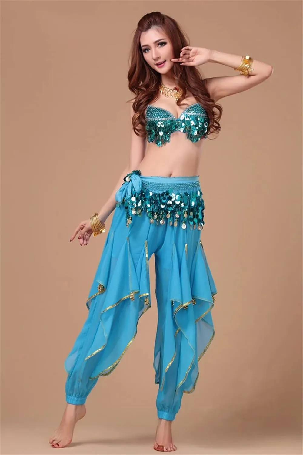 Womens Indian Dance Costume Sequin Tassel Fringed Crop Top Harem Pants Set Belly Dance Outfit