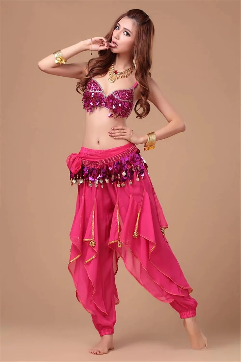 Womens Indian Dance Costume Sequin Tassel Fringed Crop Top Harem Pants Set Belly Dance Outfit