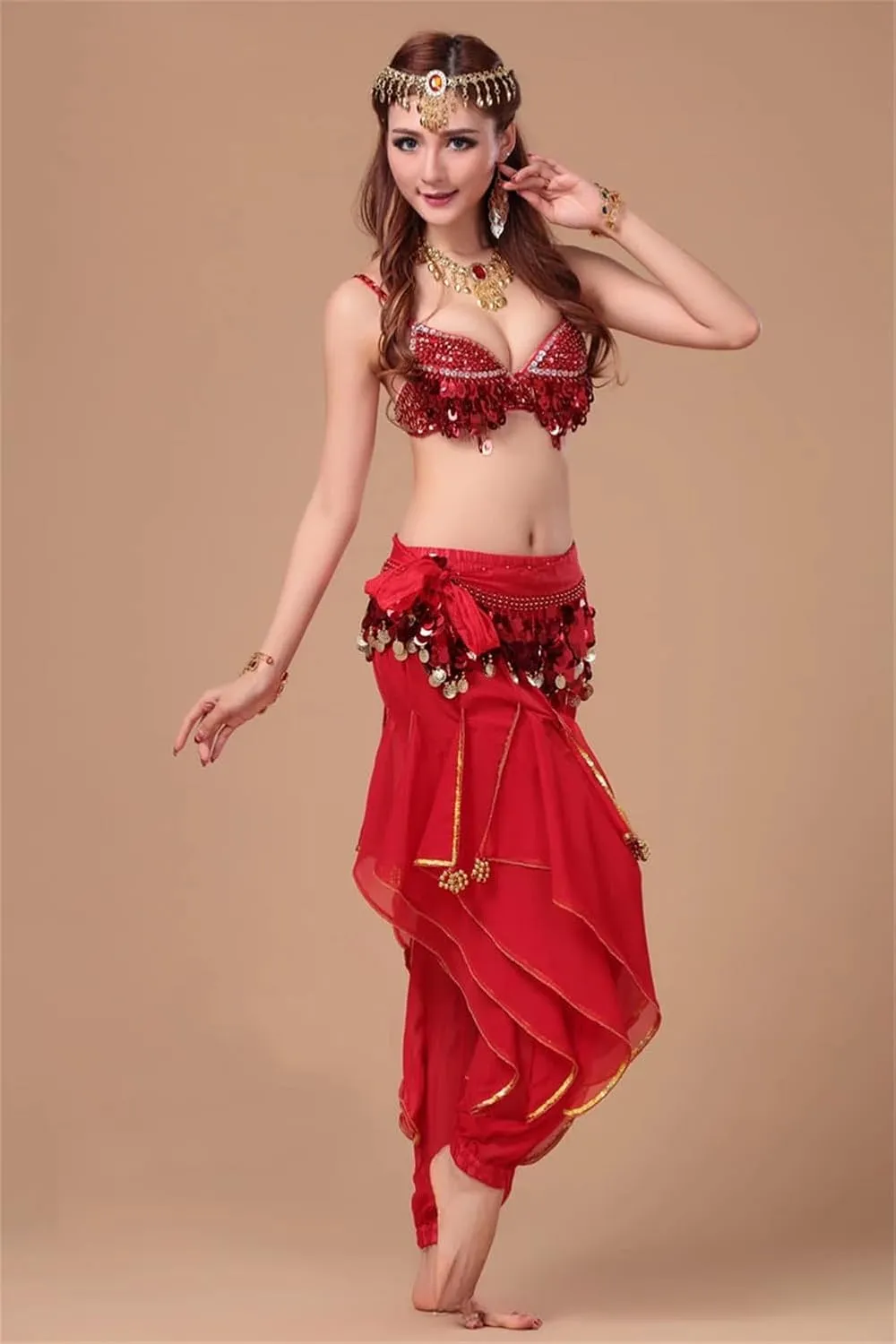 Womens Indian Dance Costume Sequin Tassel Fringed Crop Top Harem Pants Set Belly Dance Outfit