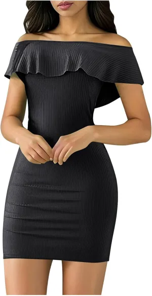 Women's Off The Shoulder Bodycon Mini Dress Slim Fit Elegant Ruffle Party Club Cocktail Dresses
