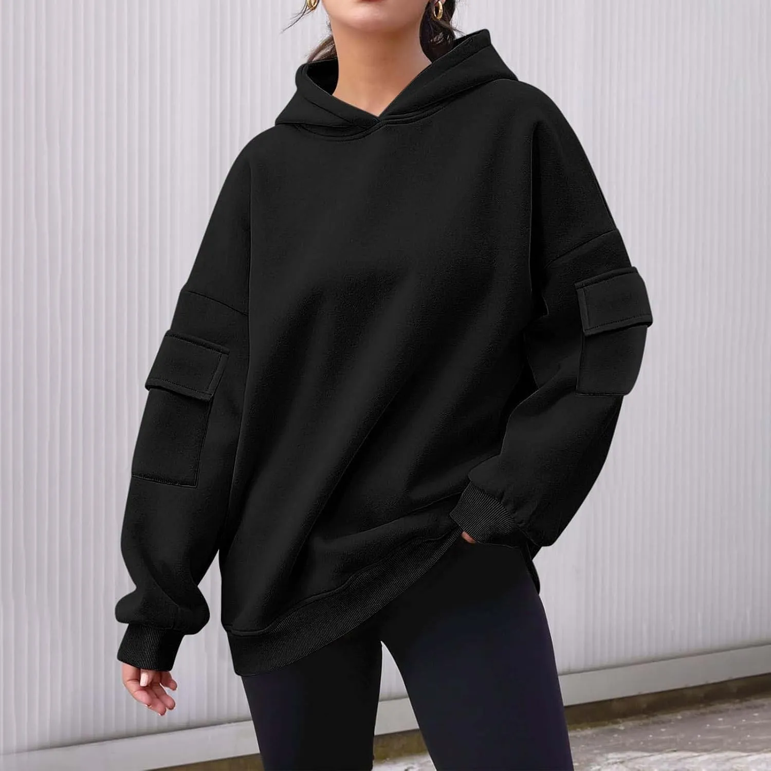 Womens Oversized Hoodies Pullover Fleece Long Sleeve Hooded Sweatshirts with Pockets Solid Color Casual Cute Sweaters