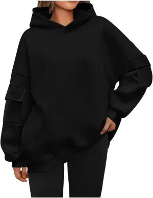 Womens Oversized Hoodies Pullover Fleece Long Sleeve Hooded Sweatshirts with Pockets Solid Color Casual Cute Sweaters