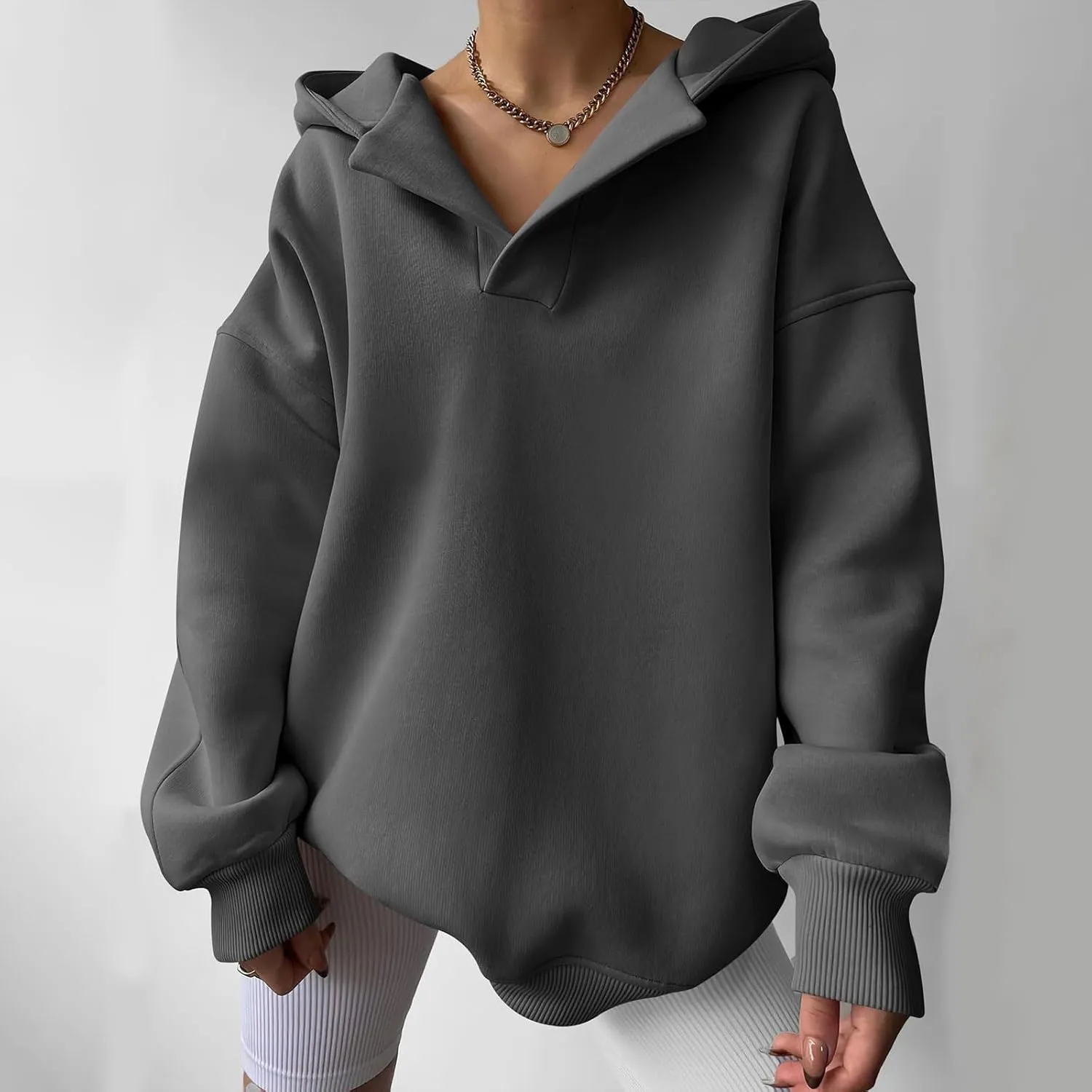 Womens Oversized Hoodies V Neck Long Sleeve Pullover Sweatshirts Tops Casual Fall Outfits Teen Girls 2024 Trendy