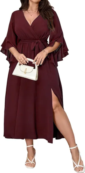 Womens Plus Size Dress Wedding Guest Cocktail Ruffle Half Sleeve Wrap V Neck Slit A Line Maxi Dresses with Belt