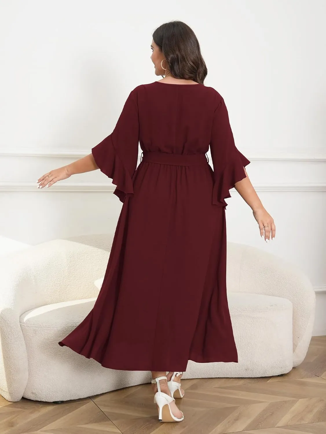 Womens Plus Size Dress Wedding Guest Cocktail Ruffle Half Sleeve Wrap V Neck Slit A Line Maxi Dresses with Belt