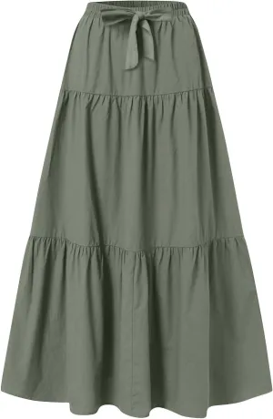 Womens Ruffle Maxi Skirts High Waist Elastic Layered Pleated Long Skirt Summer Casual Flowy Skirts with Drawstring