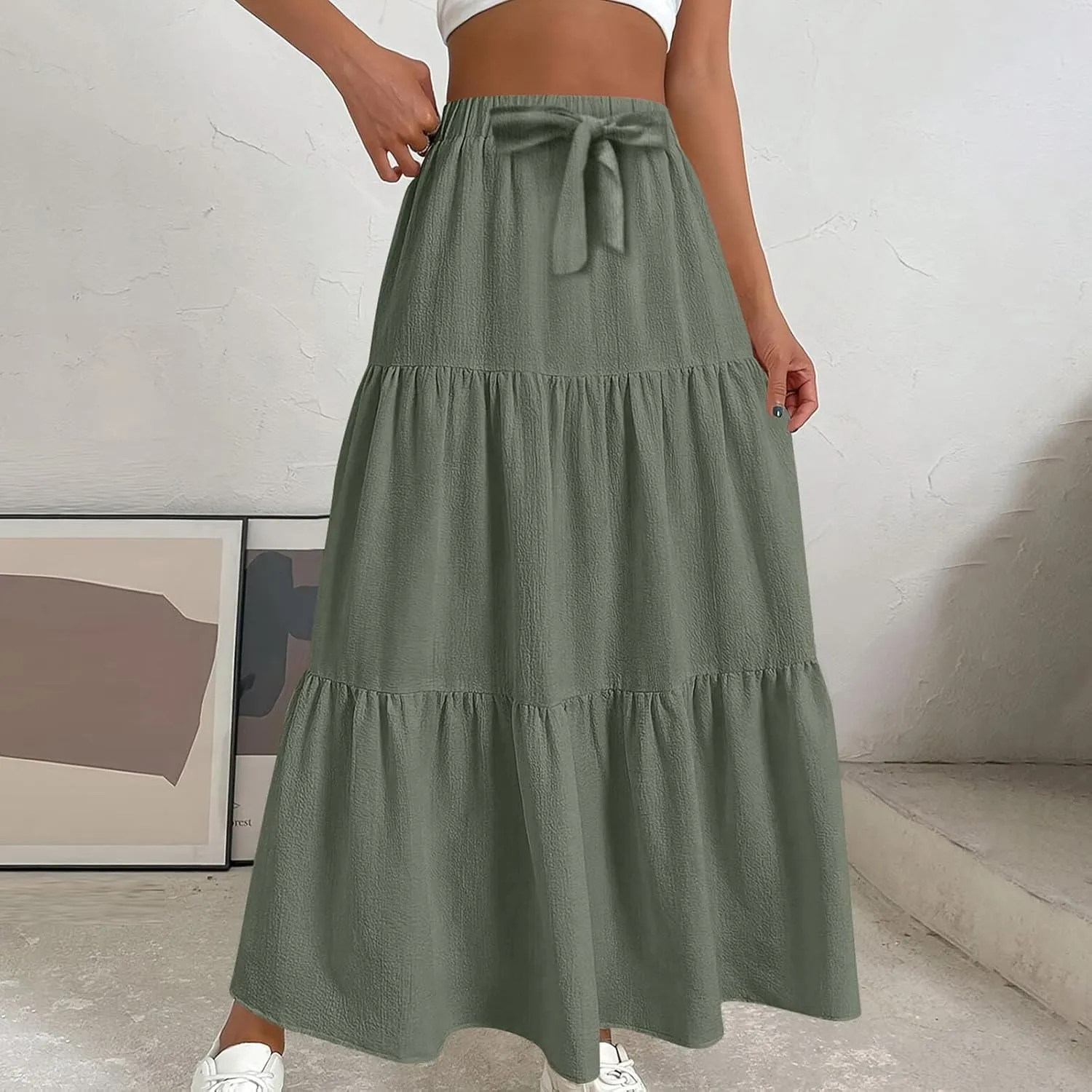 Womens Ruffle Maxi Skirts High Waist Elastic Layered Pleated Long Skirt Summer Casual Flowy Skirts with Drawstring