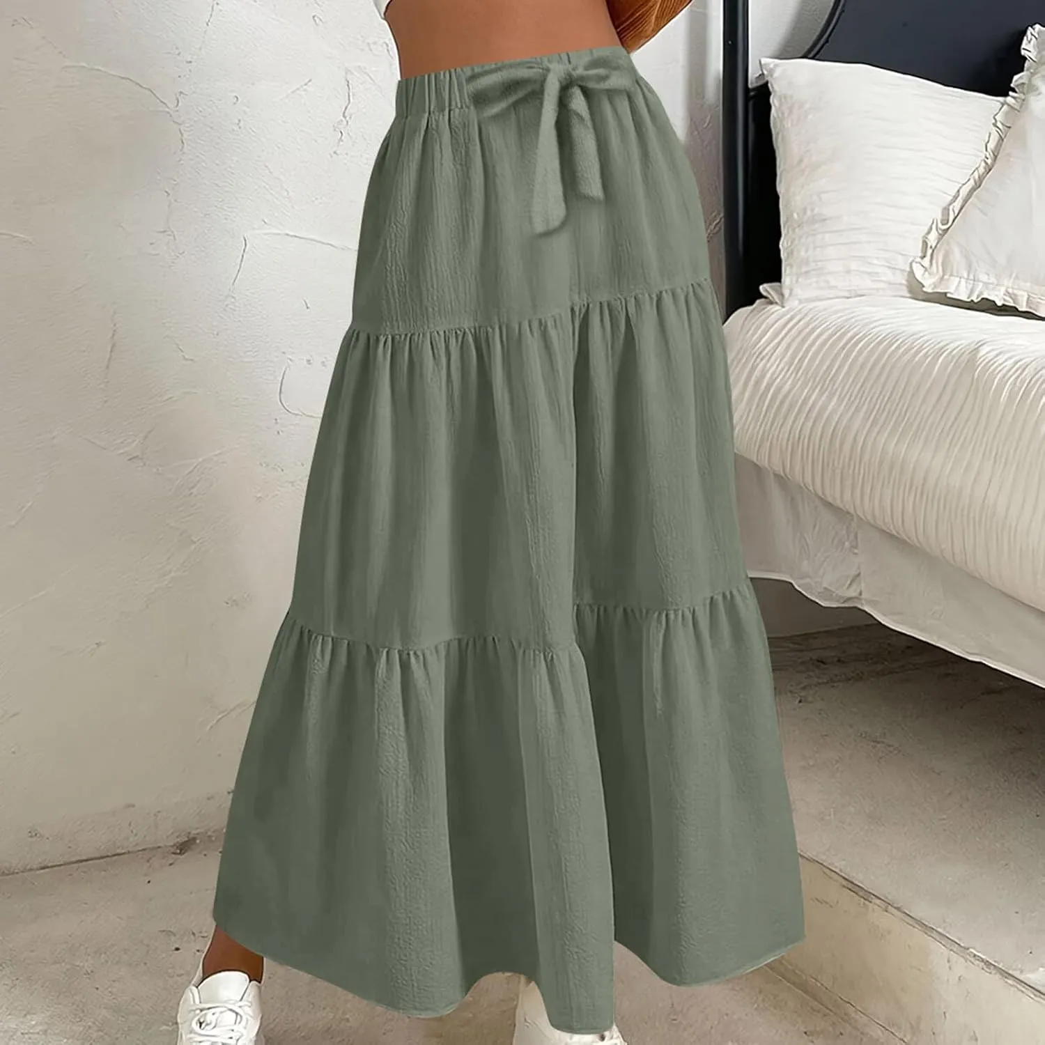Womens Ruffle Maxi Skirts High Waist Elastic Layered Pleated Long Skirt Summer Casual Flowy Skirts with Drawstring