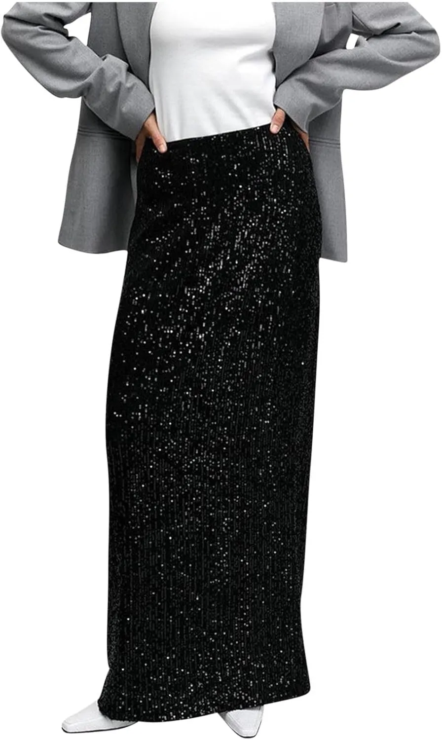 Womens Sequin Skirts Elastic High Waisted Loose Long Skirt Sparkly Night Out Cocktail Prom Evening Party Maxi Skirts