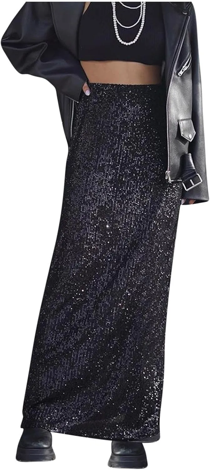 Womens Sequin Skirts Elastic High Waisted Loose Long Skirt Sparkly Night Out Cocktail Prom Evening Party Maxi Skirts