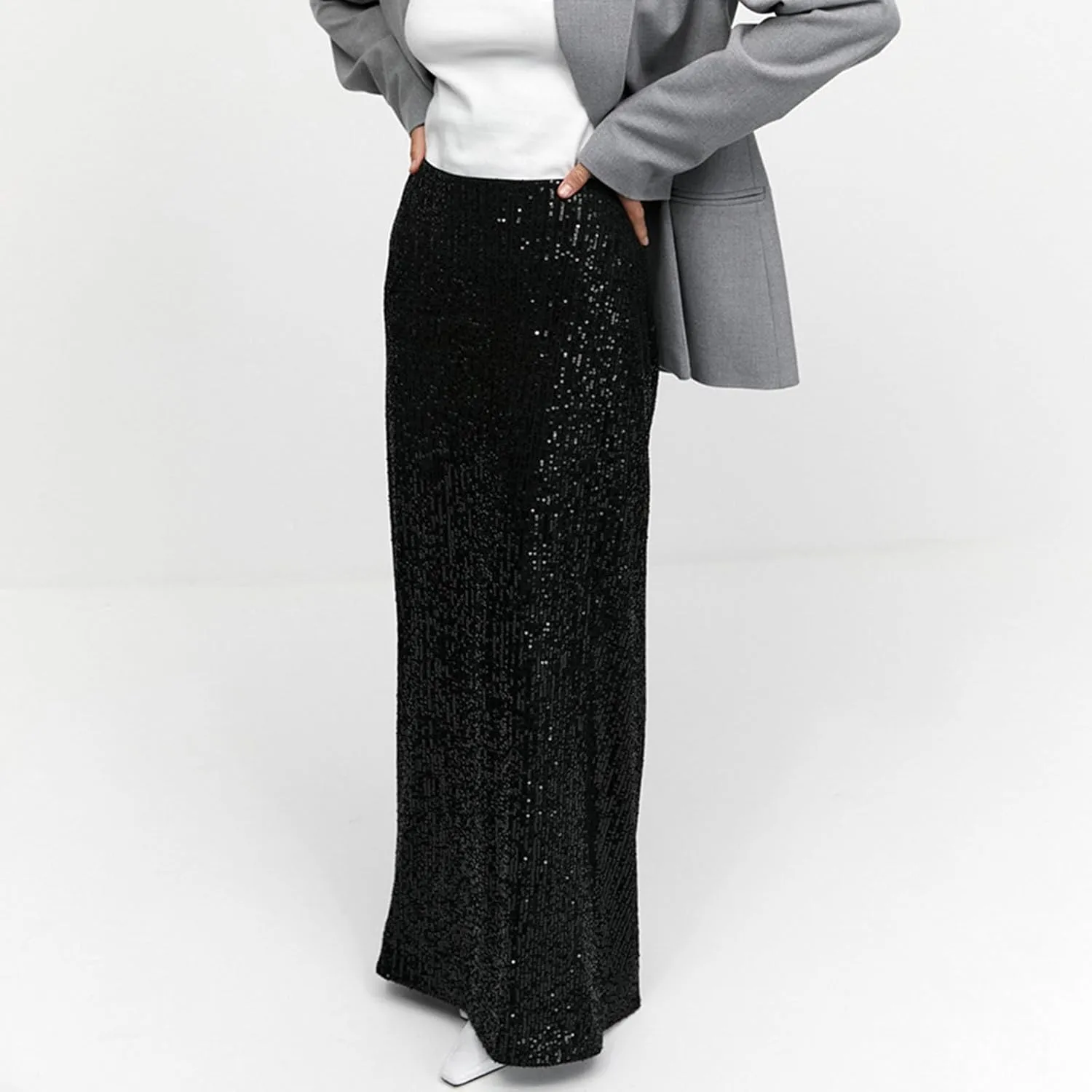 Womens Sequin Skirts Elastic High Waisted Loose Long Skirt Sparkly Night Out Cocktail Prom Evening Party Maxi Skirts