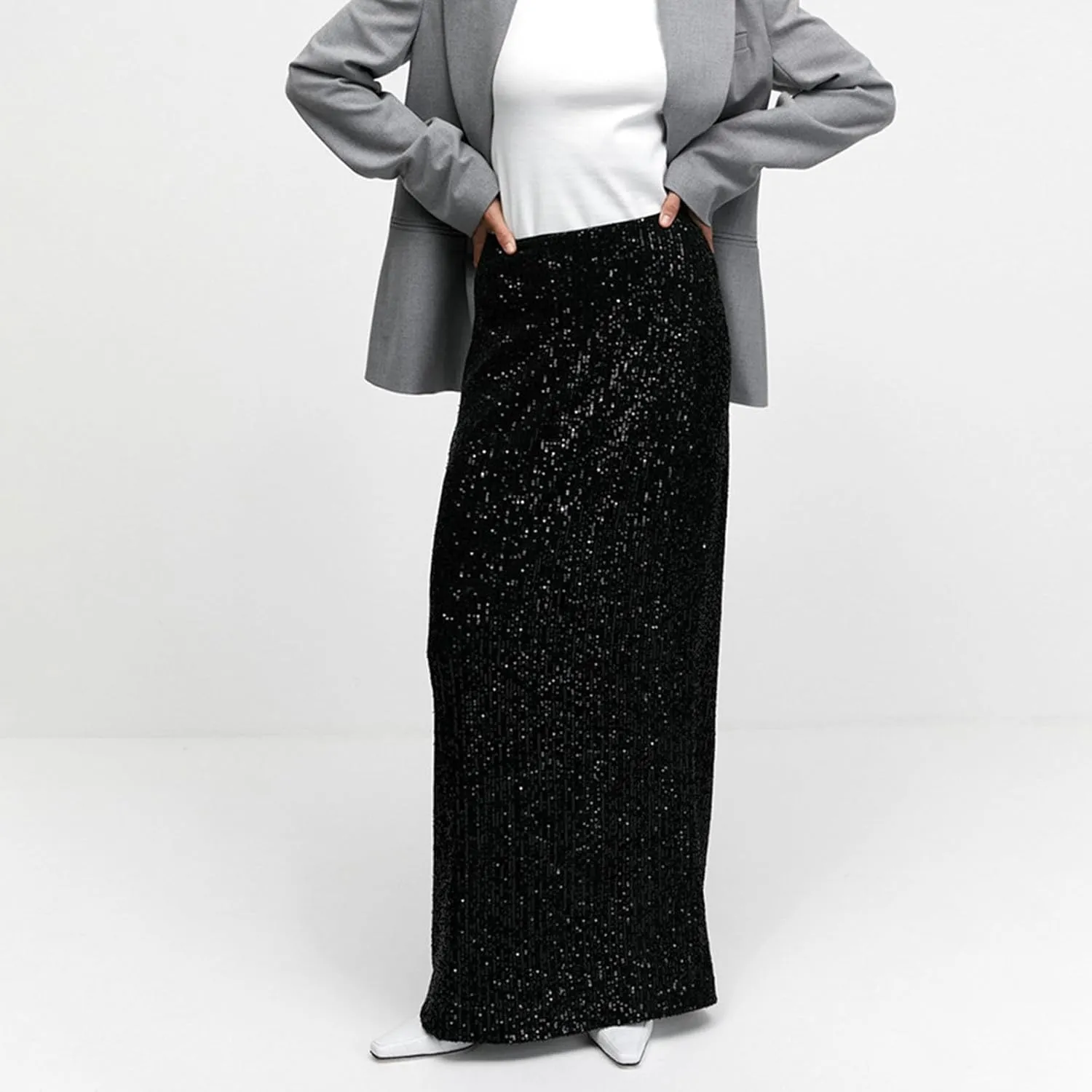 Womens Sequin Skirts Elastic High Waisted Loose Long Skirt Sparkly Night Out Cocktail Prom Evening Party Maxi Skirts