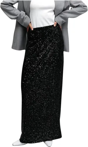 Womens Sequin Skirts Elastic High Waisted Loose Long Skirt Sparkly Night Out Cocktail Prom Evening Party Maxi Skirts