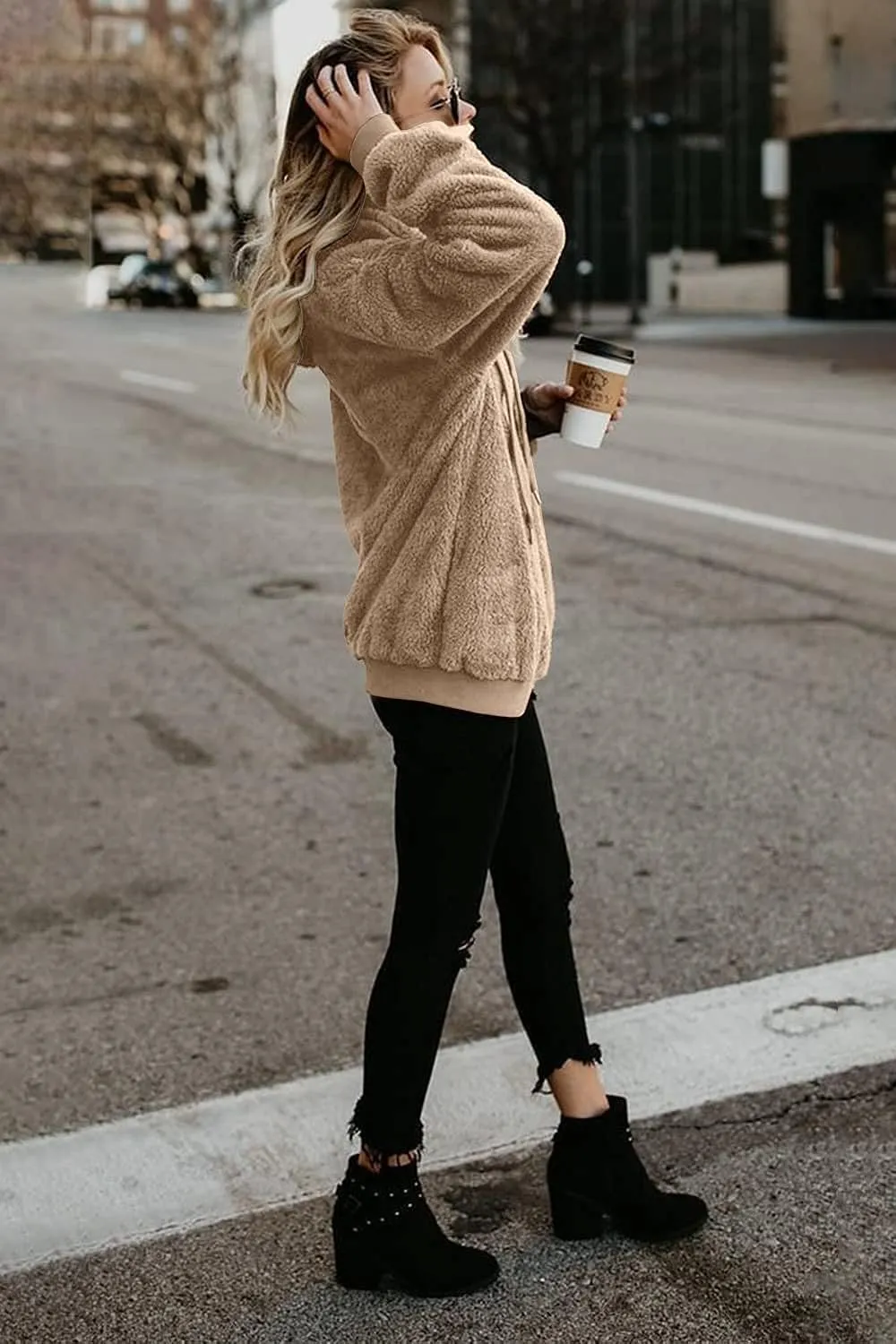Womens Sherpa Hoodie Fuzzy Sweatshirt Fleece Pullover Oversized Hoodies for Women Fluffy Quarter Zip Hoodies Sweater