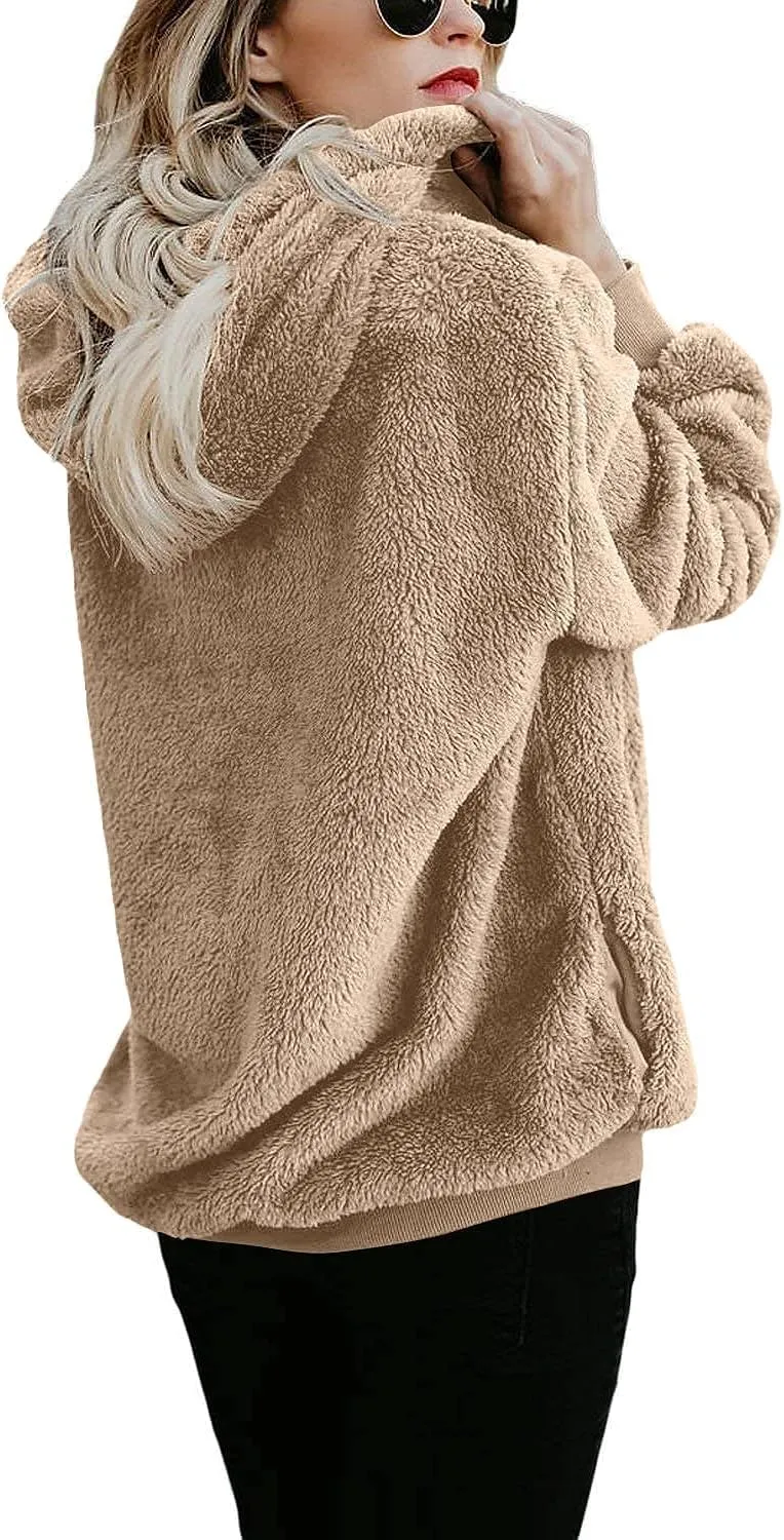Womens Sherpa Hoodie Fuzzy Sweatshirt Fleece Pullover Oversized Hoodies for Women Fluffy Quarter Zip Hoodies Sweater