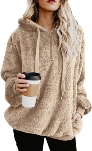 Womens Sherpa Hoodie Fuzzy Sweatshirt Fleece Pullover Oversized Hoodies for Women Fluffy Quarter Zip Hoodies Sweater