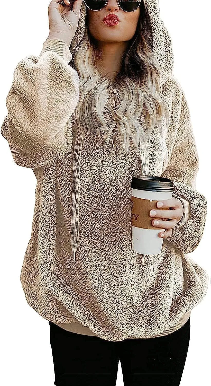 Womens Sherpa Hoodie Fuzzy Sweatshirt Fleece Pullover Oversized Hoodies for Women Fluffy Quarter Zip Hoodies Sweater