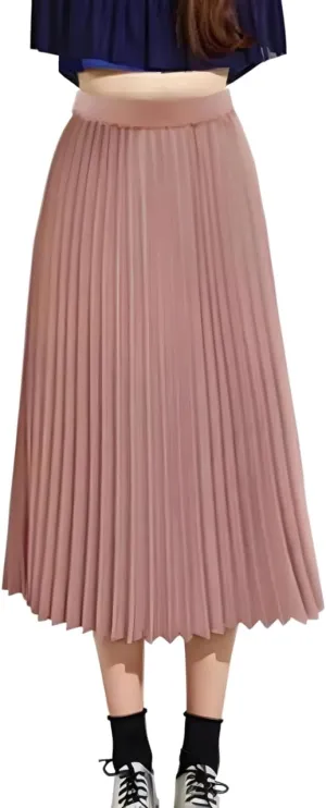 Women's Skirts Trendy Summer Casual Loose Elastic High Waist Solid Color Pleated Sun Beach Midi Skirt, S-XL