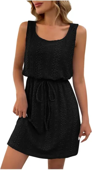 Women's Sleeveless Lace Dress Elegant Summer Casual A-Line Mini Dresses Drawstring Waist Sundress