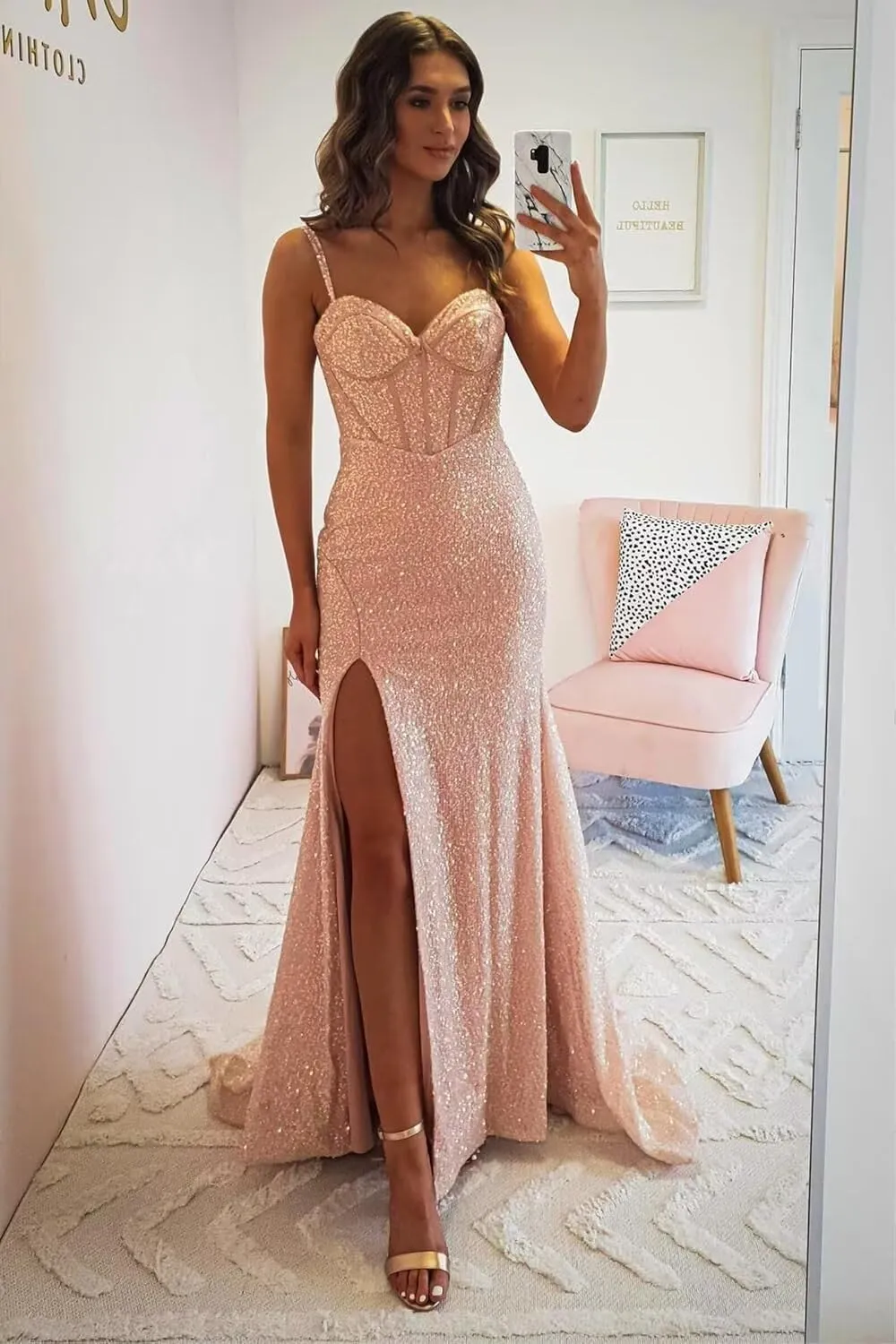 Women's Sparkly Sequins Prom Dresses 2025 Long Sweetheart Mermaid Corset Formal Party Gowns with Slit HO029