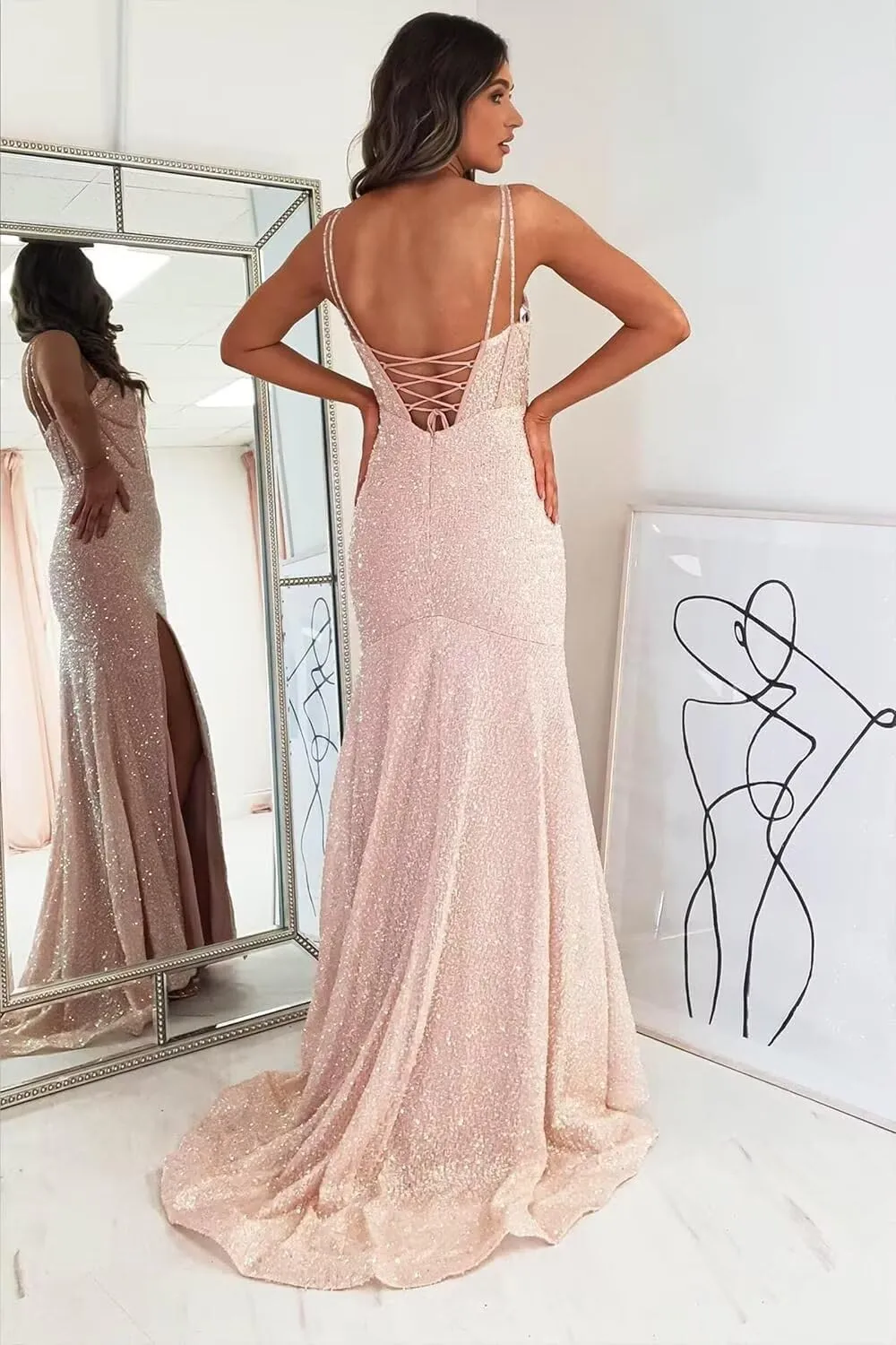 Women's Sparkly Sequins Prom Dresses 2025 Long Sweetheart Mermaid Corset Formal Party Gowns with Slit HO029
