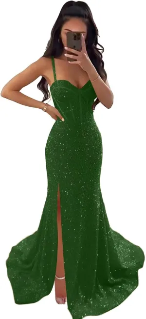 Women's Sparkly Sequins Prom Dresses 2025 Long Sweetheart Mermaid Corset Formal Party Gowns with Slit HO029