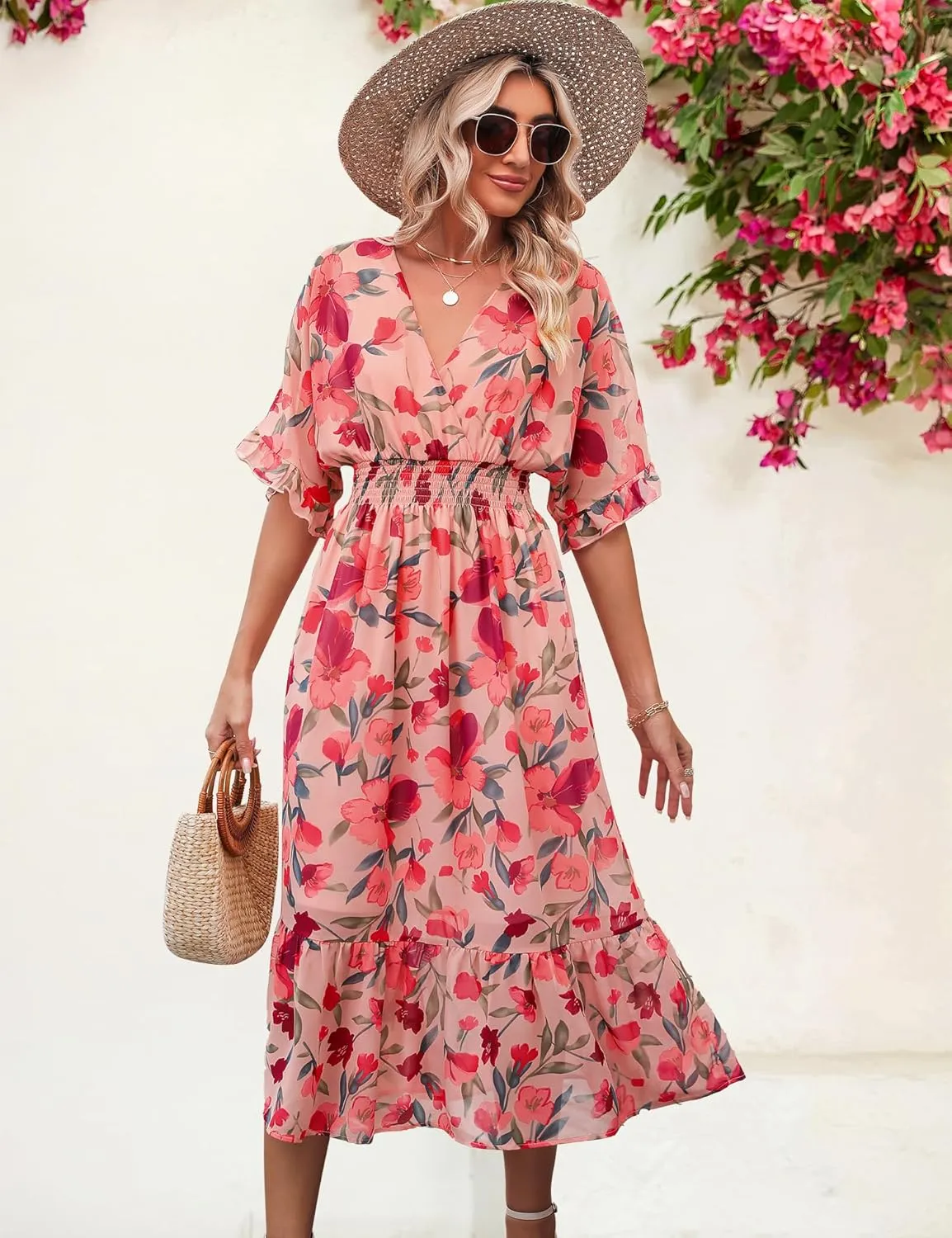 Women's Spring Summer 2025 Floral Midi Dress A Line Chiffon Boho Casual Short Sleeve Long Beach Dresses