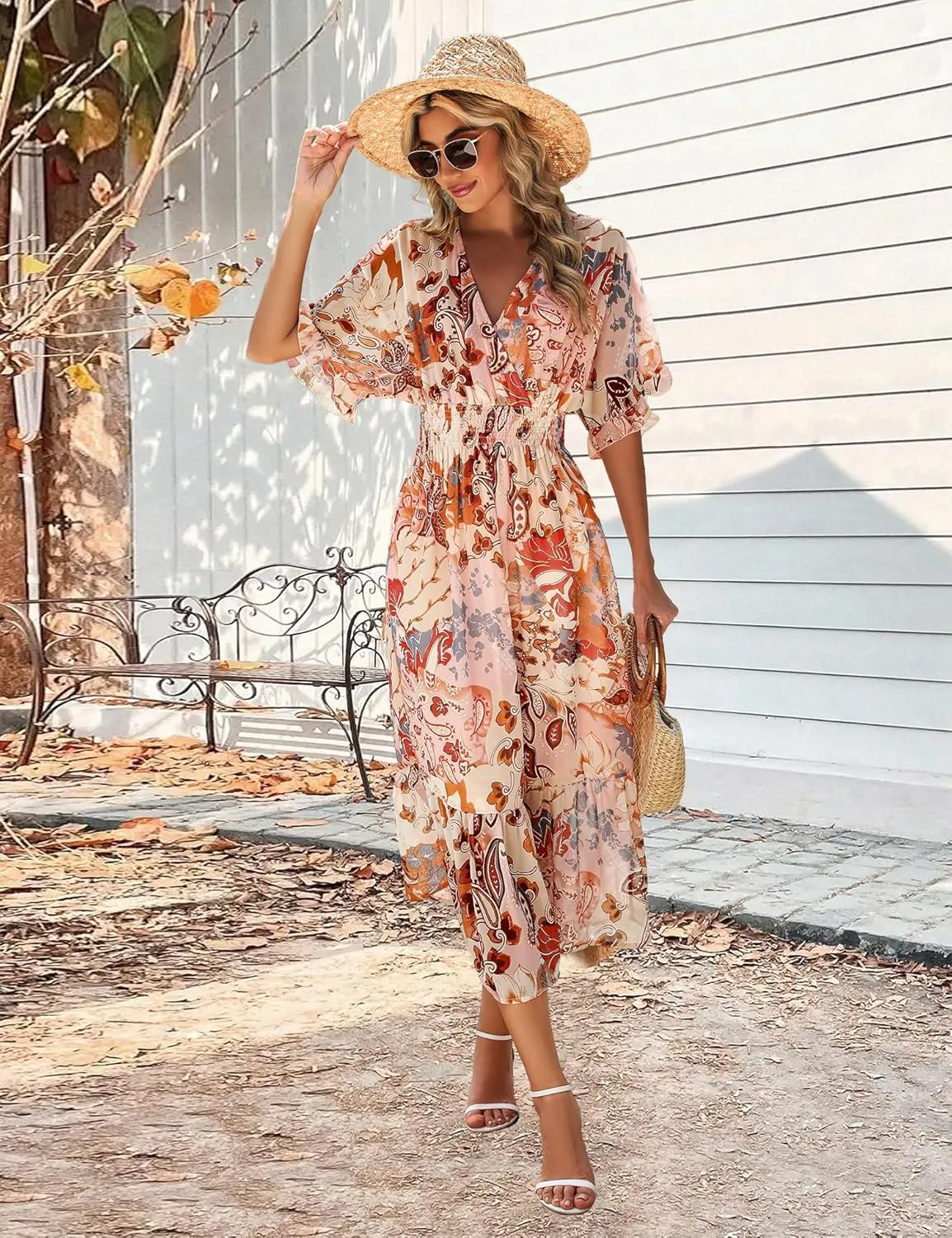 Women's Spring Summer 2025 Floral Midi Dress A Line Chiffon Boho Casual Short Sleeve Long Beach Dresses