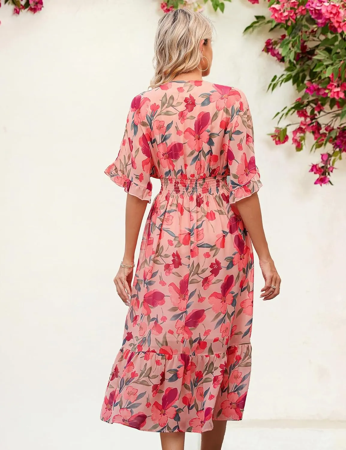 Women's Spring Summer 2025 Floral Midi Dress A Line Chiffon Boho Casual Short Sleeve Long Beach Dresses