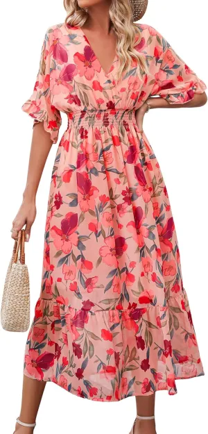 Women's Spring Summer 2025 Floral Midi Dress A Line Chiffon Boho Casual Short Sleeve Long Beach Dresses