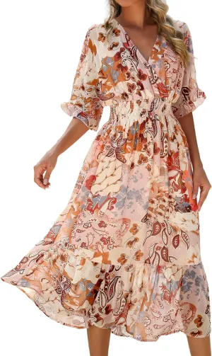 Women's Spring Summer 2025 Floral Midi Dress A Line Chiffon Boho Casual Short Sleeve Long Beach Dresses