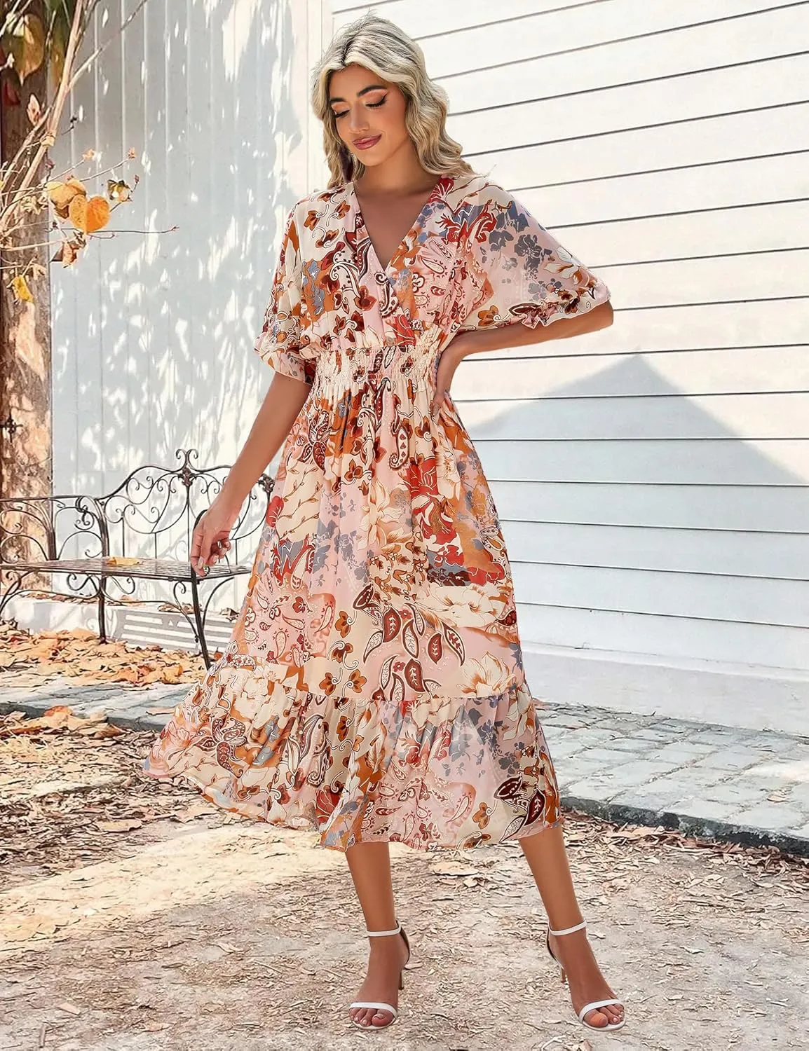 Women's Spring Summer 2025 Floral Midi Dress A Line Chiffon Boho Casual Short Sleeve Long Beach Dresses