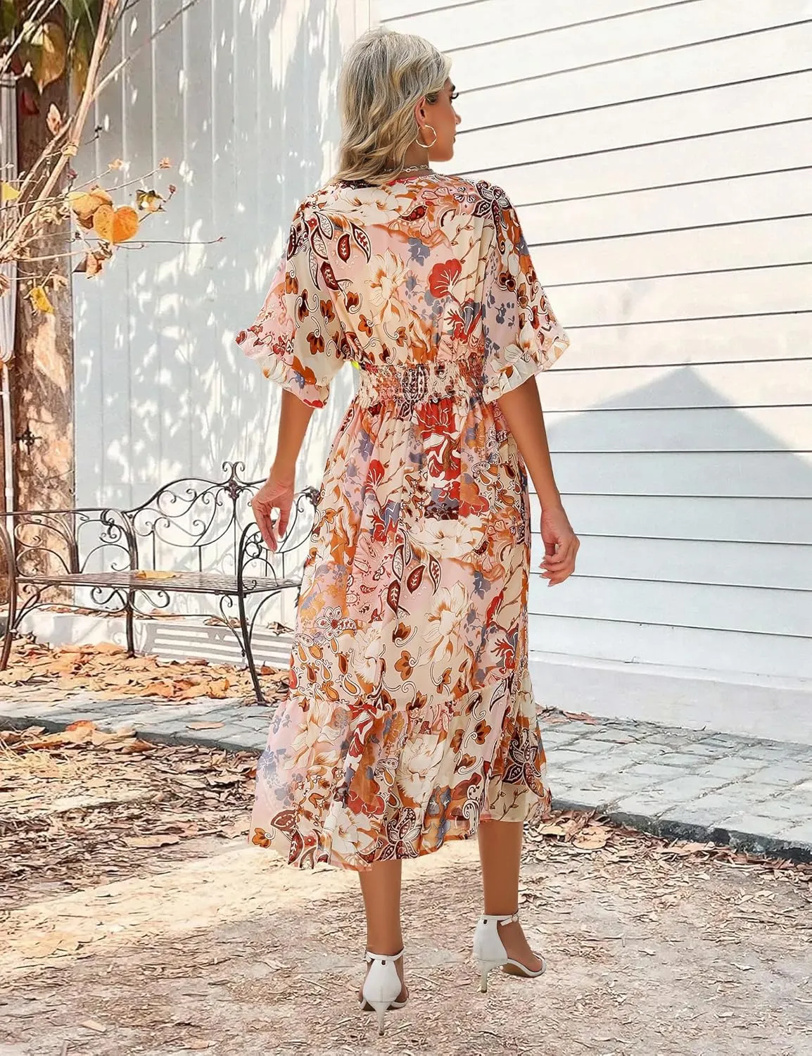 Women's Spring Summer 2025 Floral Midi Dress A Line Chiffon Boho Casual Short Sleeve Long Beach Dresses