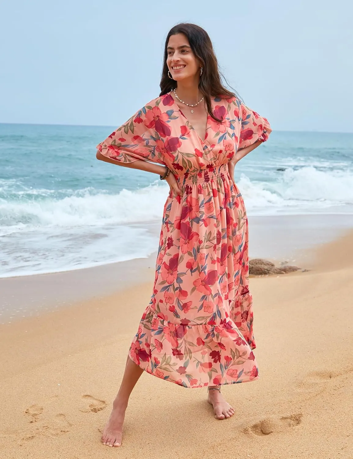 Women's Spring Summer 2025 Floral Midi Dress A Line Chiffon Boho Casual Short Sleeve Long Beach Dresses