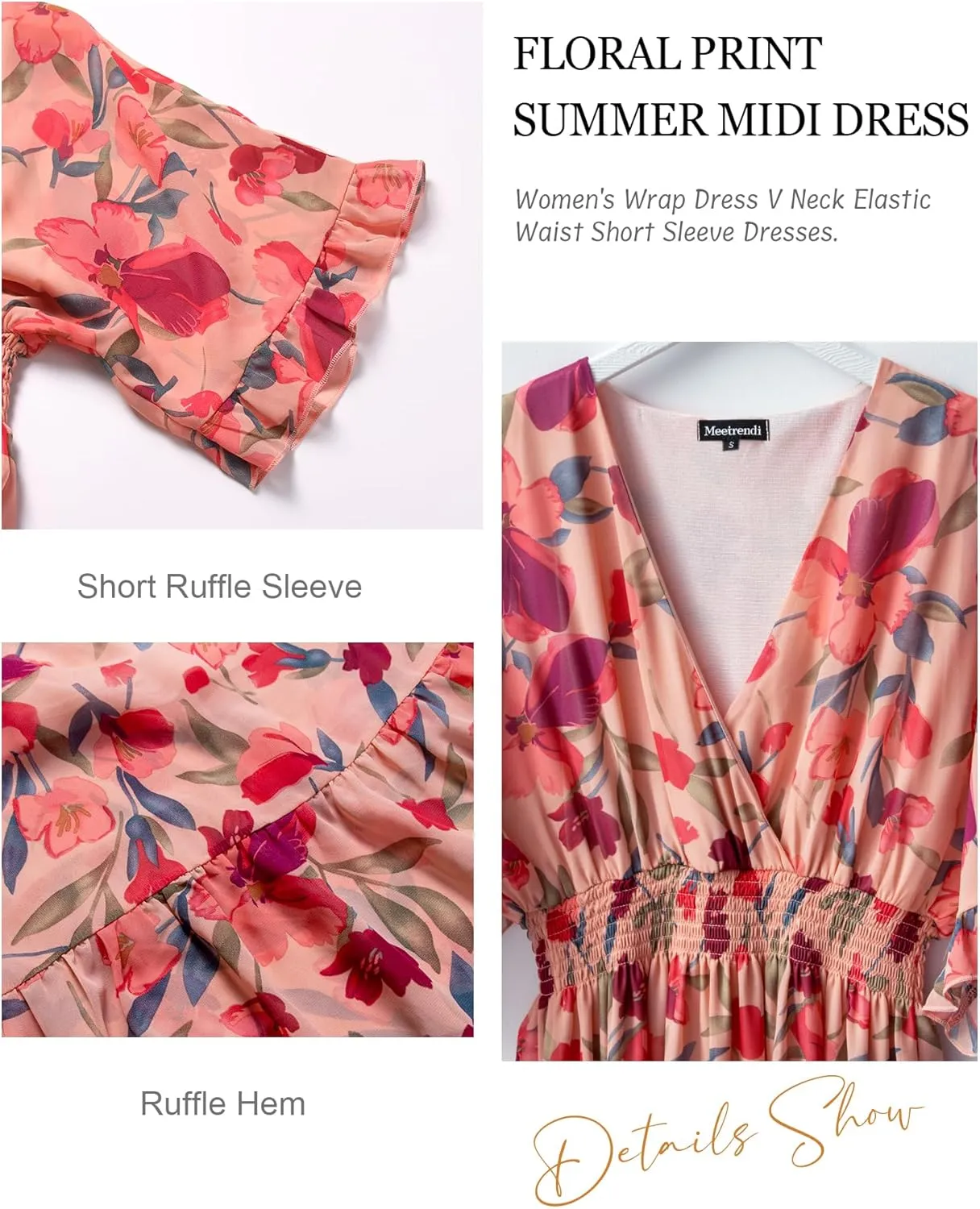 Women's Spring Summer 2025 Floral Midi Dress A Line Chiffon Boho Casual Short Sleeve Long Beach Dresses