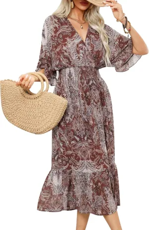 Women's Spring Summer 2025 Floral Midi Dress A Line Chiffon Boho Casual Short Sleeve Long Beach Dresses