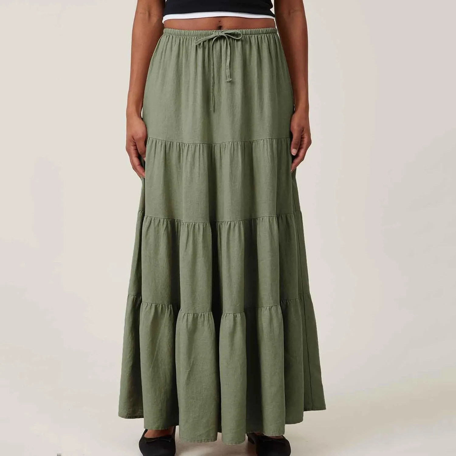 Women's Summer Boho Vacation Beach A-Line Midi Skirt Pleated Ruffle Drawstring Elastic High Waist Tiered Flowy Skirts