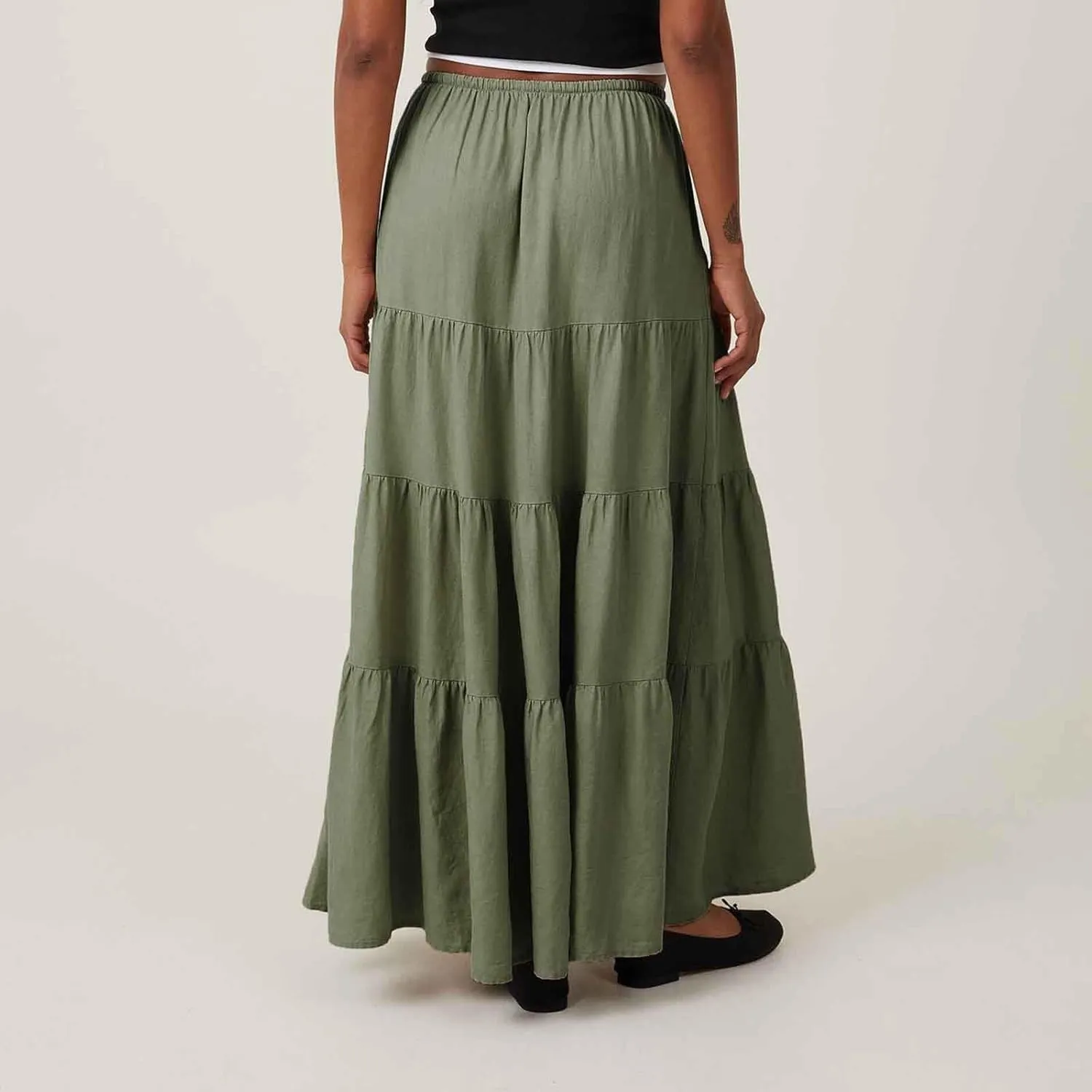 Women's Summer Boho Vacation Beach A-Line Midi Skirt Pleated Ruffle Drawstring Elastic High Waist Tiered Flowy Skirts