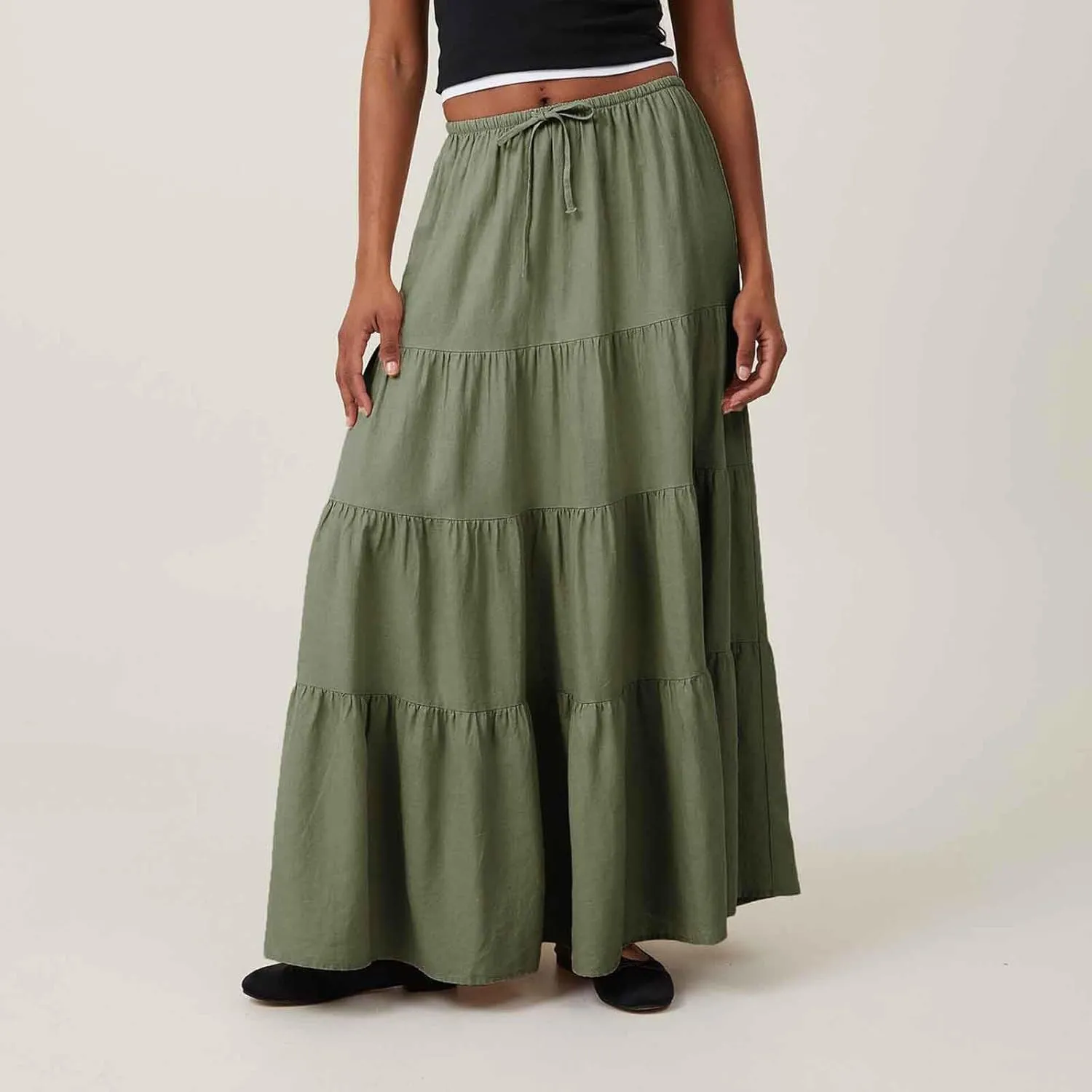 Women's Summer Boho Vacation Beach A-Line Midi Skirt Pleated Ruffle Drawstring Elastic High Waist Tiered Flowy Skirts