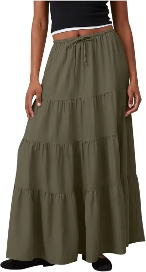 Women's Summer Boho Vacation Beach A-Line Midi Skirt Pleated Ruffle Drawstring Elastic High Waist Tiered Flowy Skirts