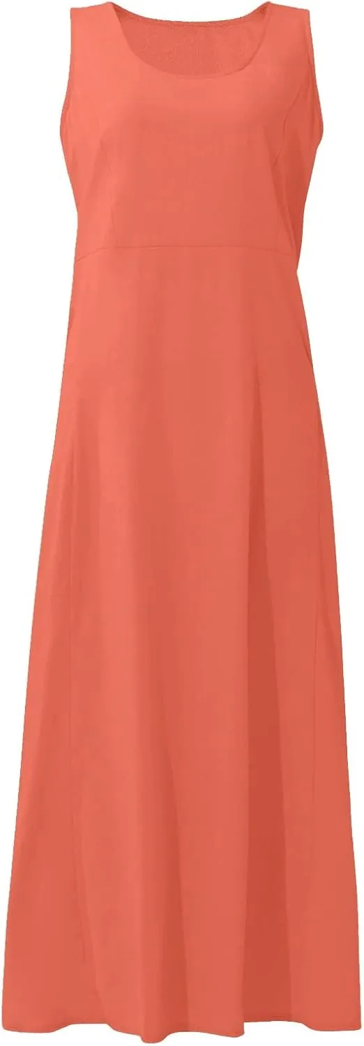 Women's Summer Cotton Linen Sleeveless Maxi Flowy Dresses Plus Size Loose Comfy Elegant Dress with Pockets